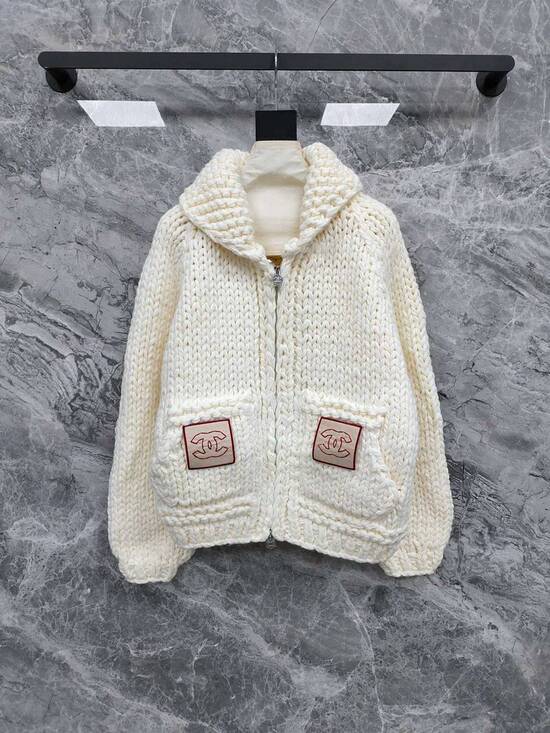 .Chanel® Sweaters - Chanel Cream Chunky Knit Zip‑Up Shawl Collar Cardigan Jacket